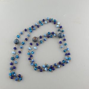 Vintage 1990s 54 inch Long All Blue Glass & Metal Bead Necklace